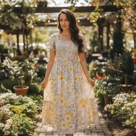 A.N.A Yellow Floral Smocked Midi Dress - Size Medium - Picture 1 of 10